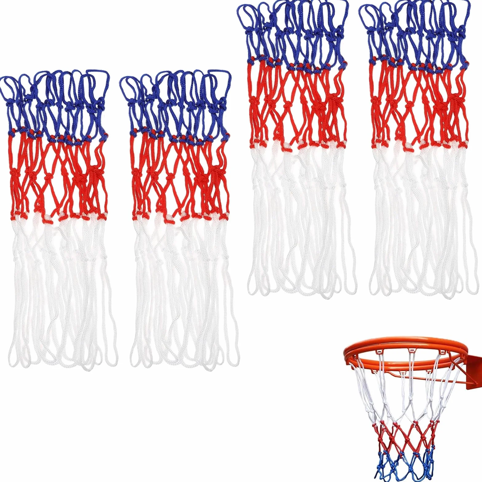 Rete Canestro Basket 4 Pezzi, Retina 52 cm, Ricambio Canestro Standard Blu Rosso Bianco