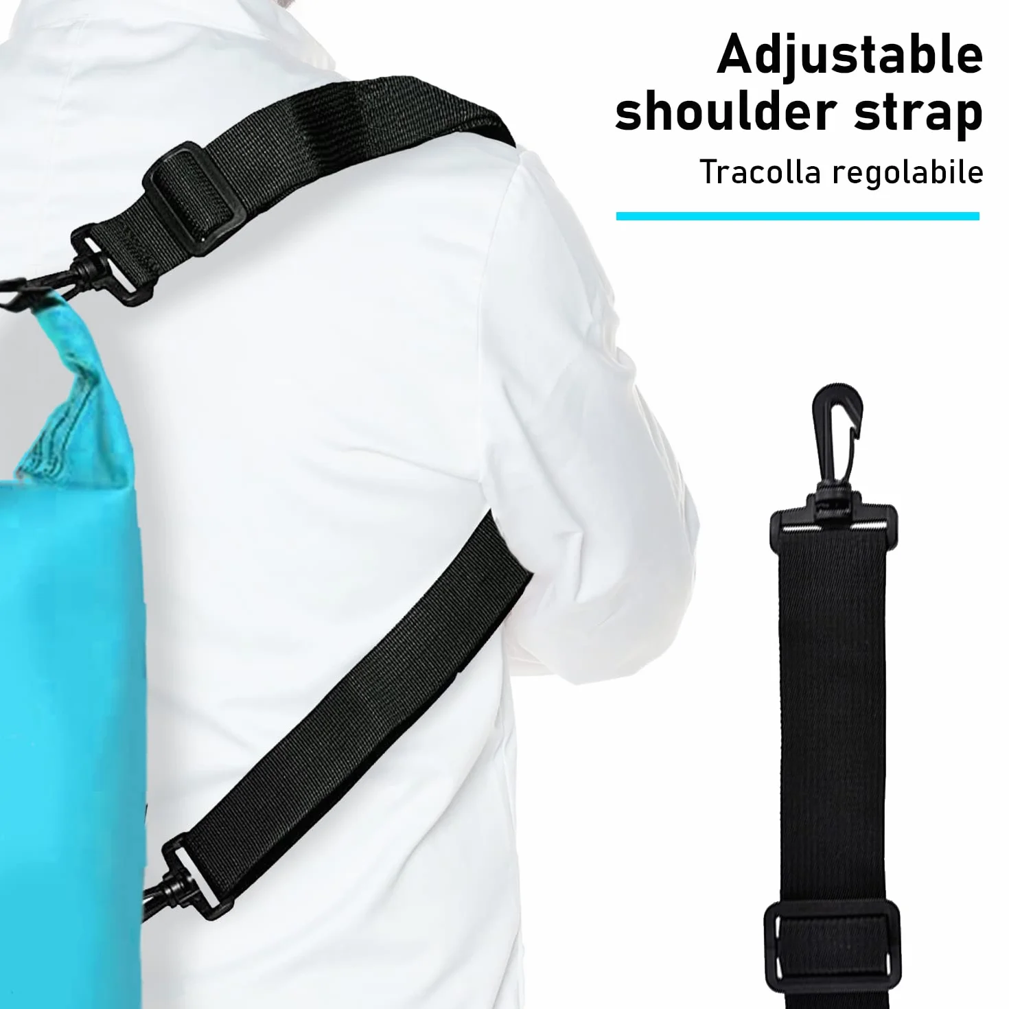 Dry Bag, Borsa Sacca Zaino Impermeabile Waterproof, chiusura a rotolo e tracolla, custodia impermeabile per cellulare e marsupio per Mare Barca Pesca Rafting Spiaggia Sport Acquatici (Light Blue, 5l)