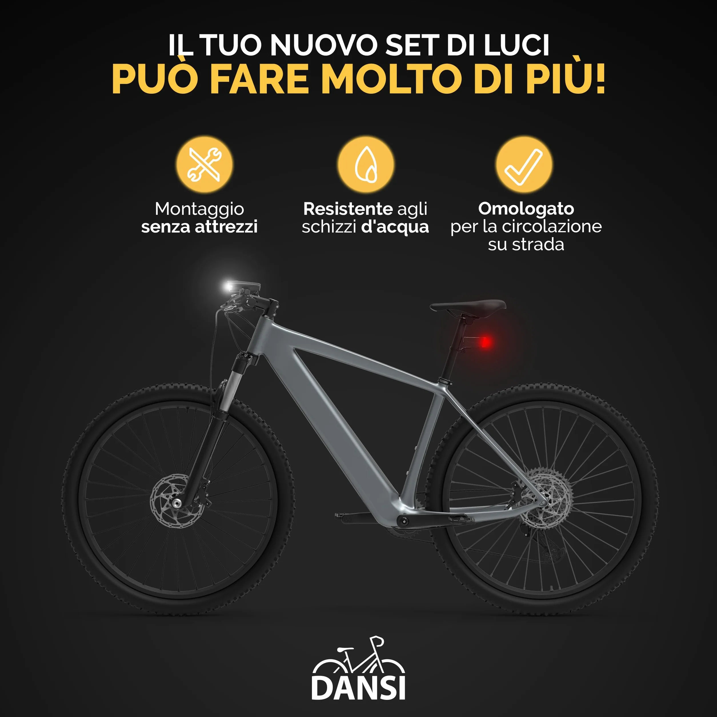 DANSI LED Light Set Illuminazione per biciclette omologata StVZO 60 30 15 Lux anteriore posteriore Regolazione automatica