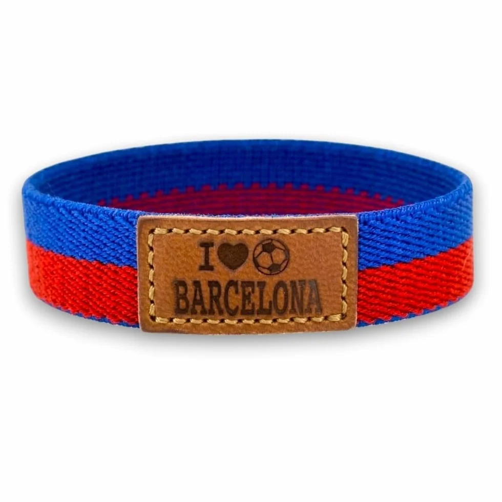 BDM Braccialetto e Portachiavi Barcellona Azulgrana Calcio| Tessuto Elastico con Toppa in Pelle I Love Barcelona | Taglie 16-18 cm e 18-20 cm | Pacco o Singolo