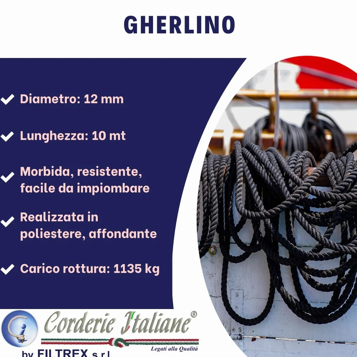 Corderie Italiane 006004233, Gherlino cima per ormeggio, diametro 12 mm, 10 mt, nero