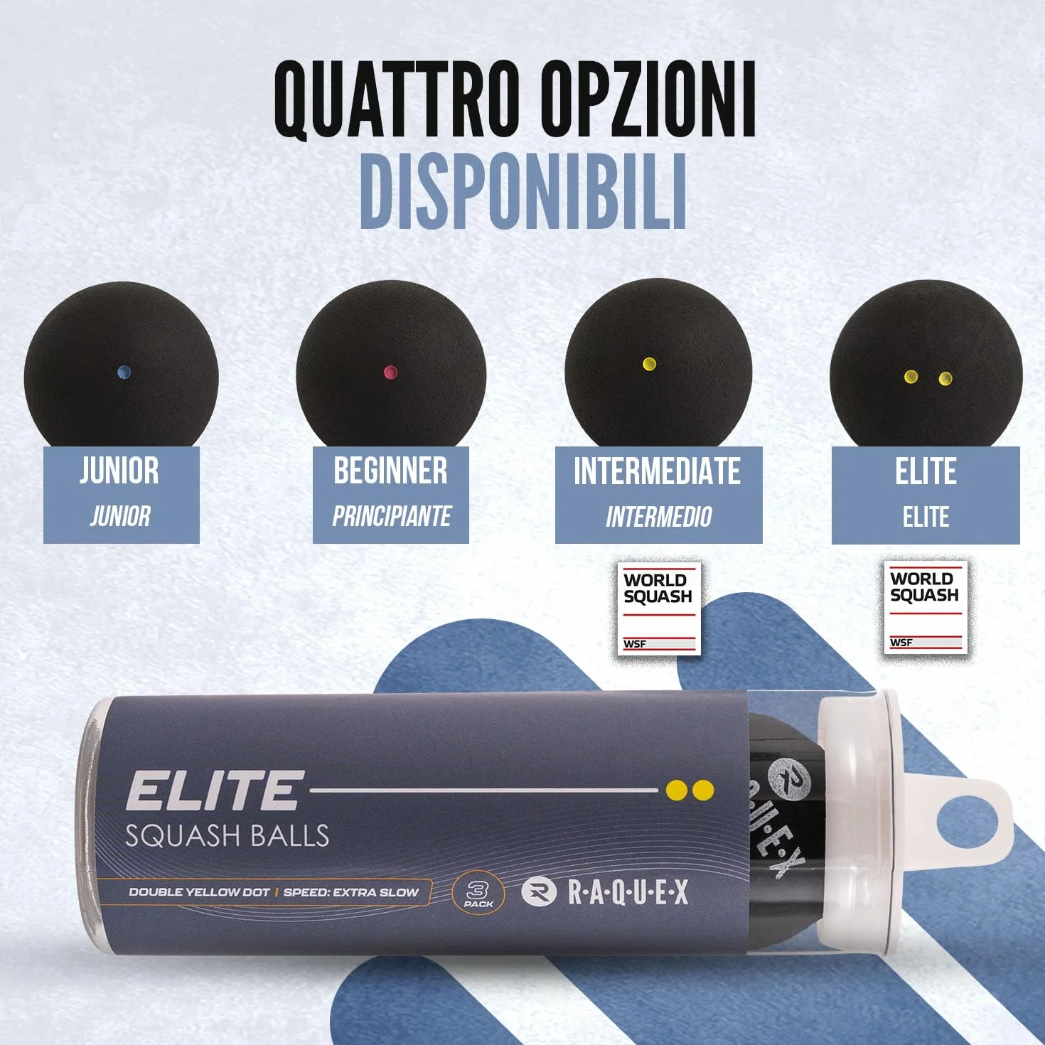 Raquex Palline da Squash Tubo 3-4 Velocitàs Punto Rosso Blu Giallo Singolo Doppio