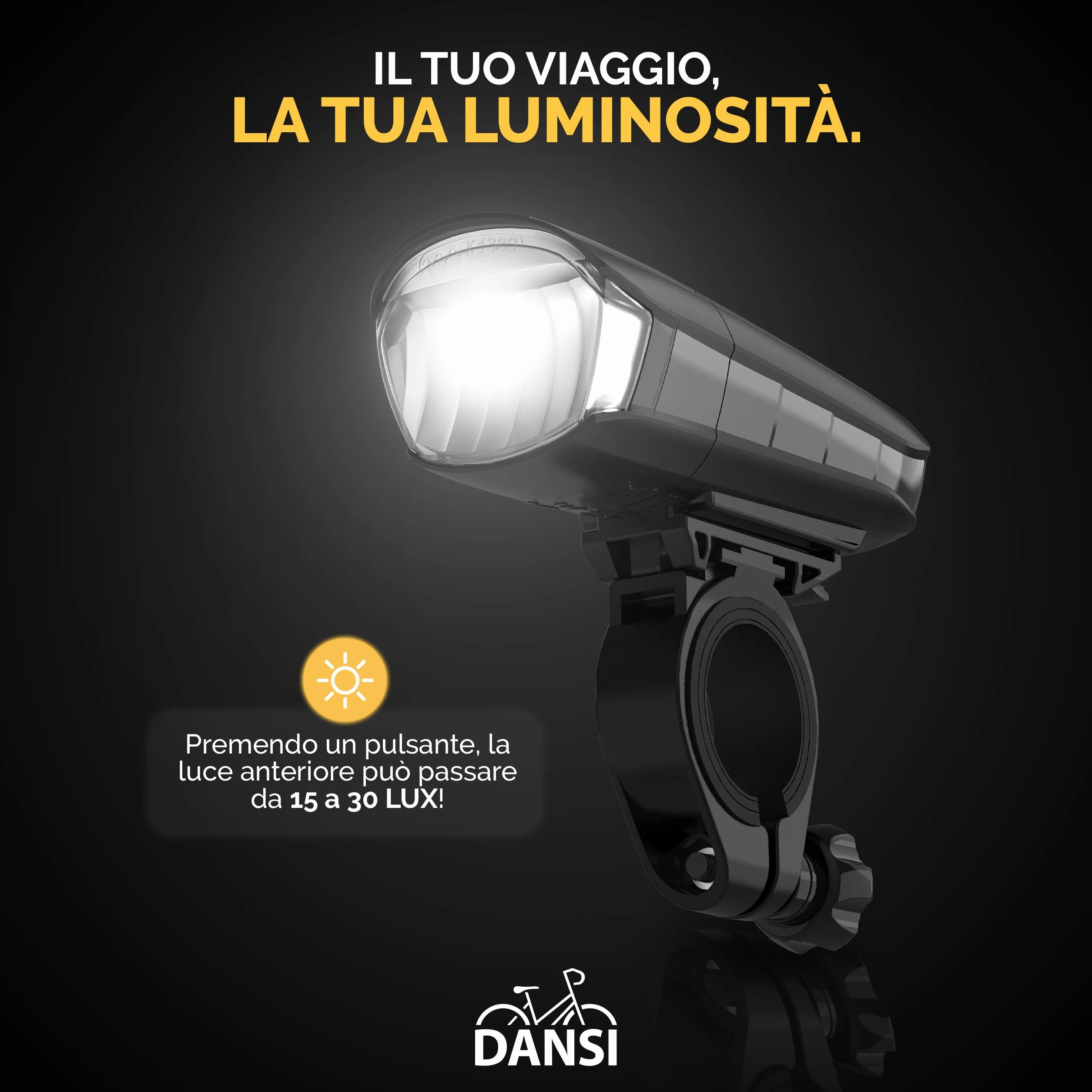 DANSI LED Light Set Illuminazione per biciclette omologata StVZO 60 30 15 Lux anteriore posteriore Regolazione automatica