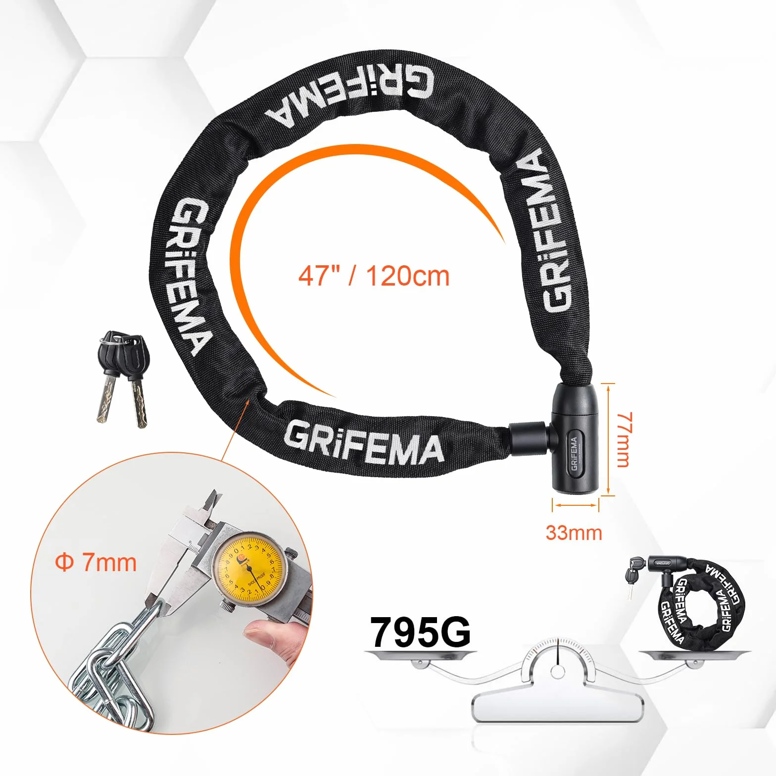 GRIFEMA GA1201-12 Lucchetto antifurto per bicicletta a catena 120 cm nero