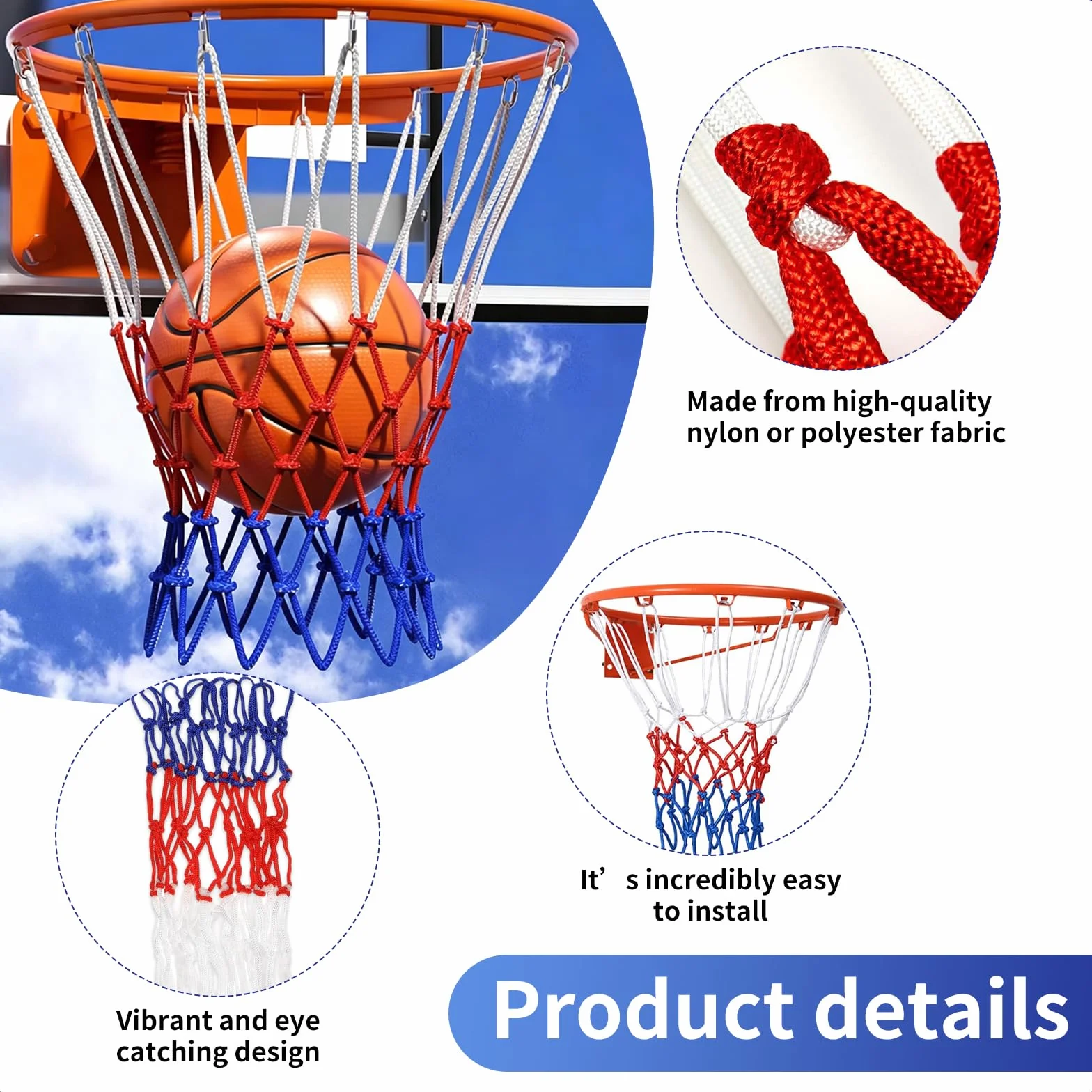 Rete Canestro Basket 4 Pezzi, Retina 52 cm, Ricambio Canestro Standard Blu Rosso Bianco