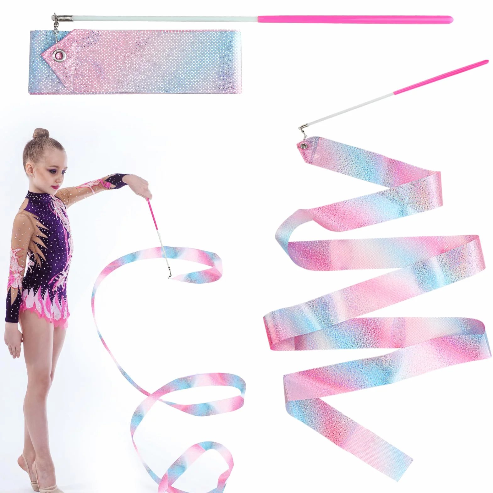Nastro Ginnastica Ritmica Bambina 2 Metri Rosa con Maniglie - Kit Danza Ritmica