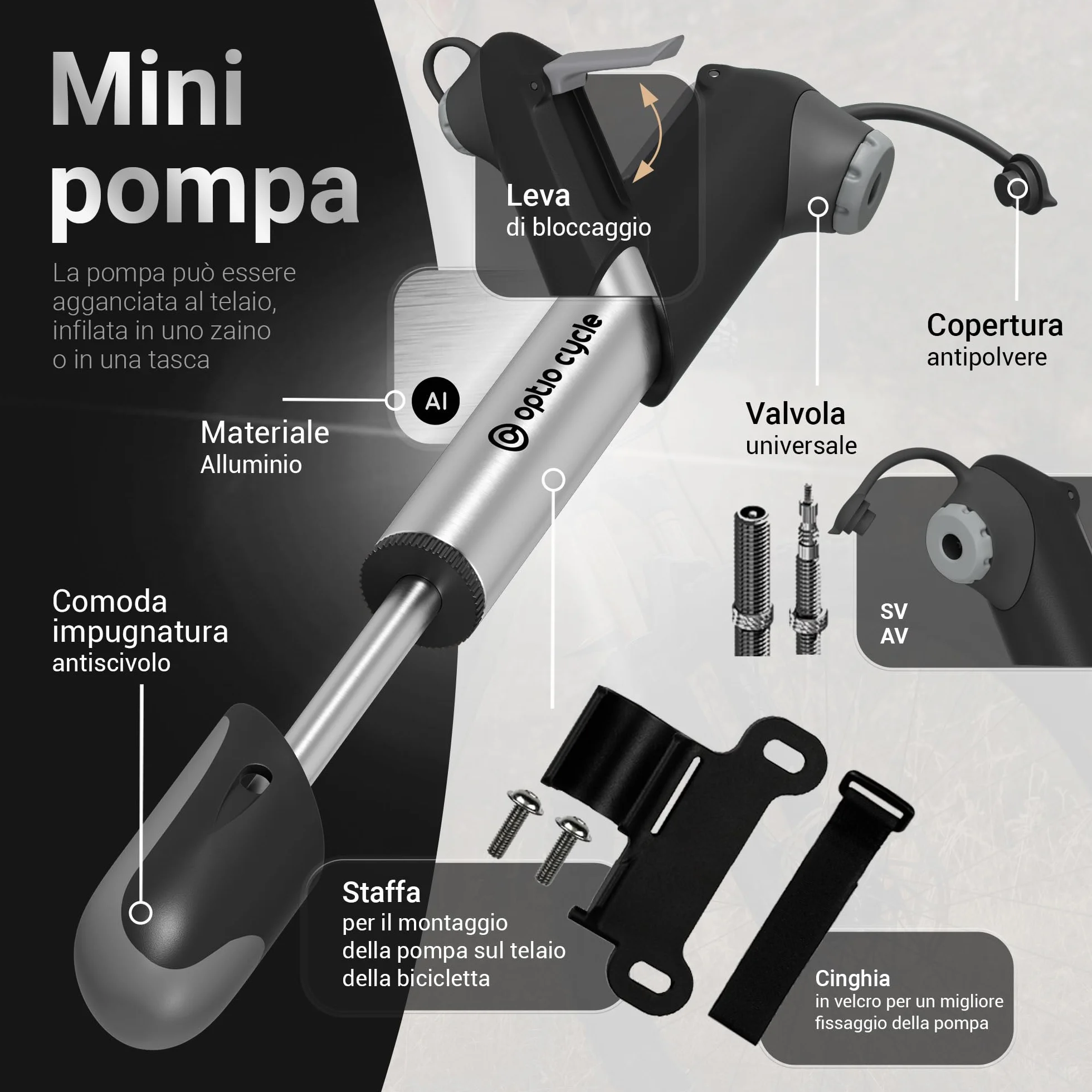 Pompa per Bicicletta 120 PSI Portatile Compatta a Mano per Valvola Presta e Schrader