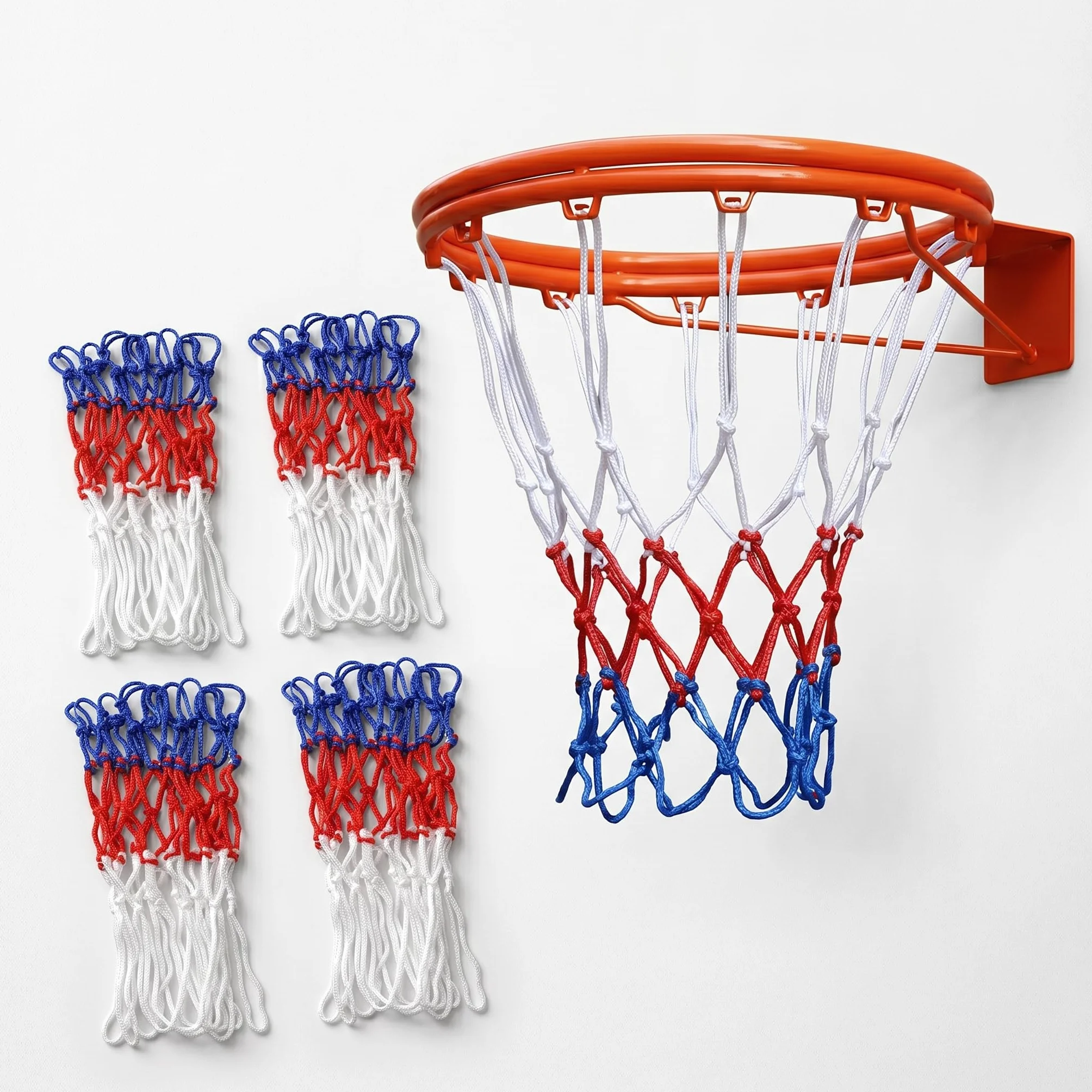 Rete Canestro Basket 4 Pezzi, Retina 52 cm, Ricambio Canestro Standard Blu Rosso Bianco