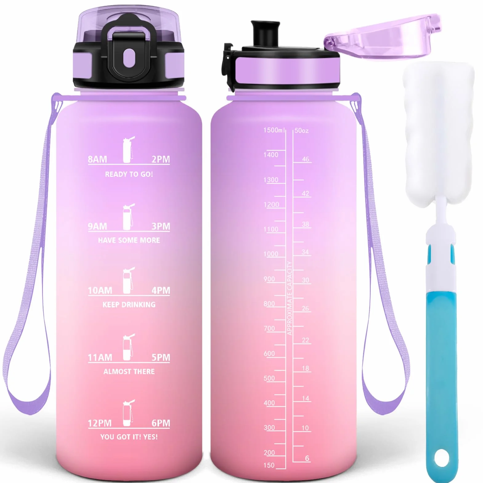 Motswedi Borraccia 1.5l a Prova di Perdite, Motivazionale Bottiglia Plastica Palestra - Lilla Delicato & Rosa Chiaro