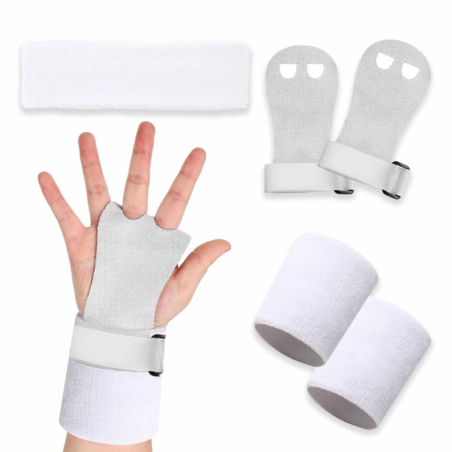 Set di 5 Grip da Ginnastica Bianchi con Polsini Assorbenti, Protezione del Palmo e Supporto al Polso per Ragazze, Bambini e Giovani