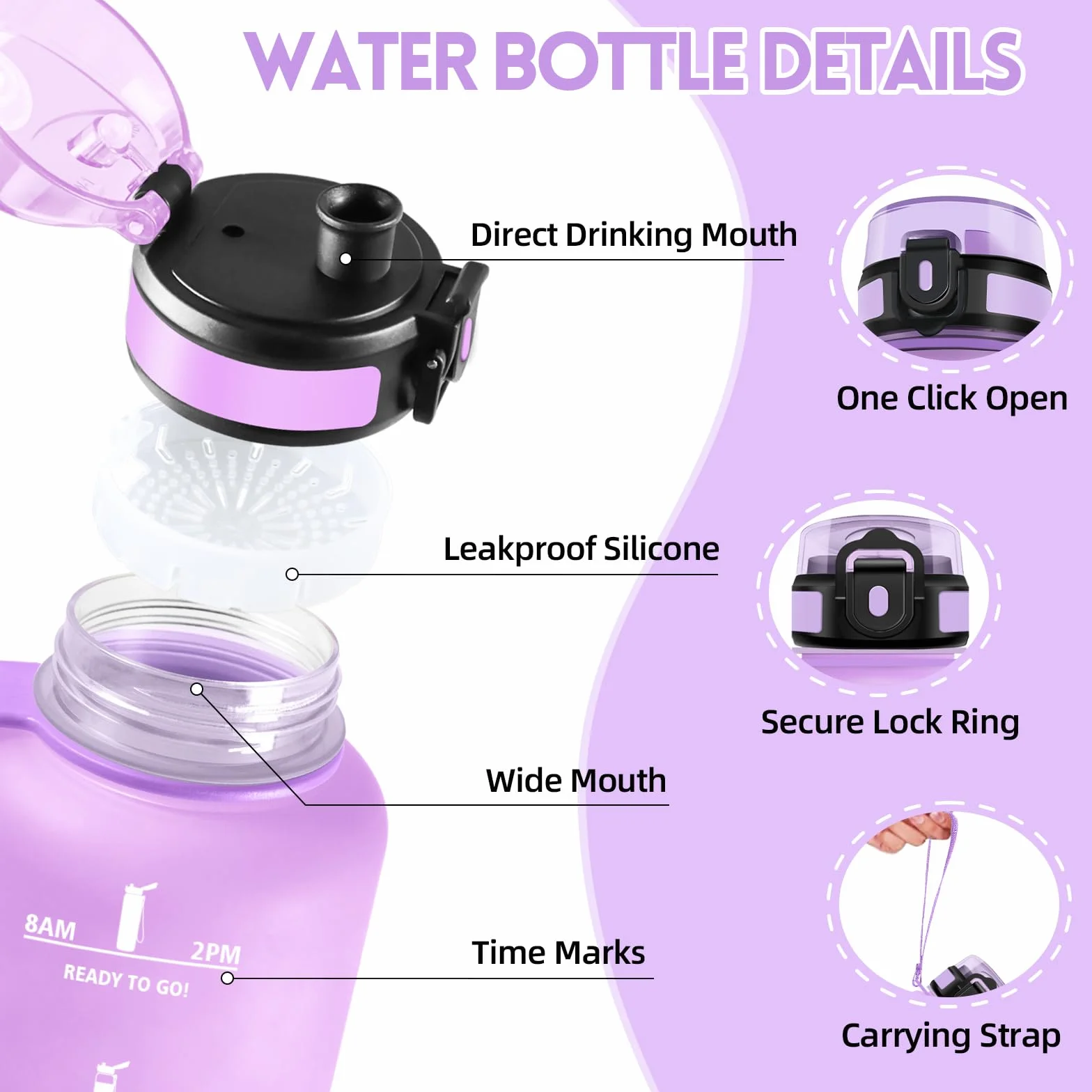 Motswedi Borraccia 1.5l a Prova di Perdite, Motivazionale Bottiglia Plastica Palestra - Lilla Delicato & Rosa Chiaro