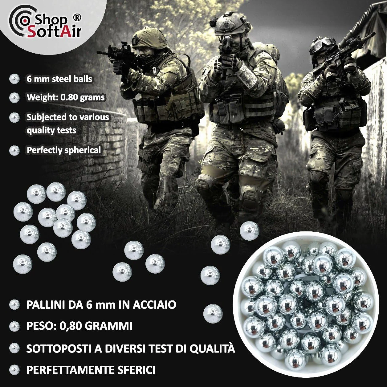 Pallini in Metallo 6 mm 0,80 g per Pistole Fucili Softair Airsoft 250 pezzi