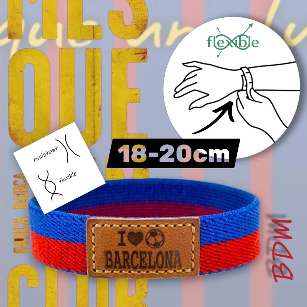BDM Braccialetto e Portachiavi Barcellona Azulgrana Calcio| Tessuto Elastico con Toppa in Pelle I Love Barcelona | Taglie 16-18 cm e 18-20 cm | Pacco o Singolo