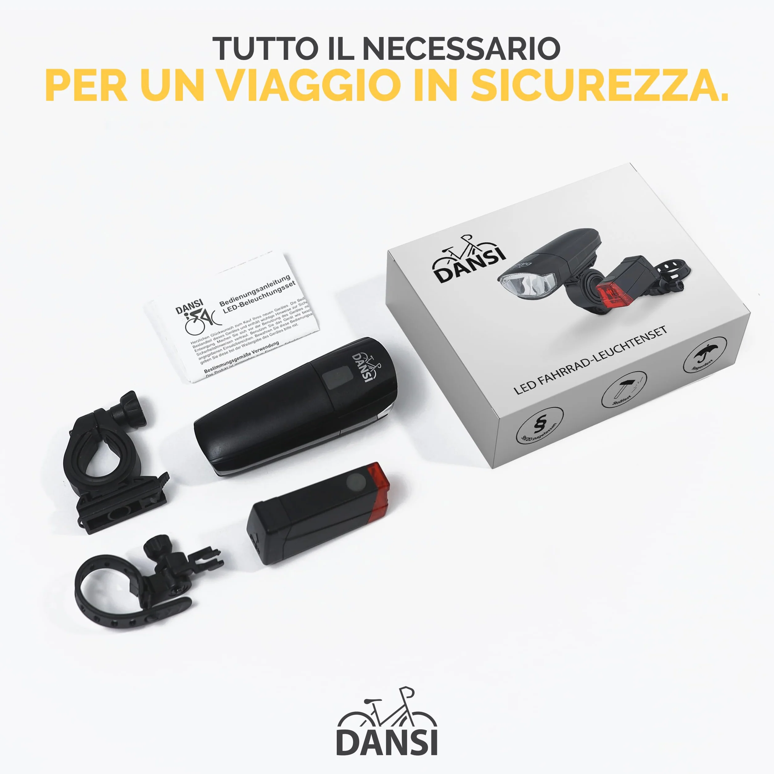 DANSI LED Light Set Illuminazione per biciclette omologata StVZO 60 30 15 Lux anteriore posteriore Regolazione automatica