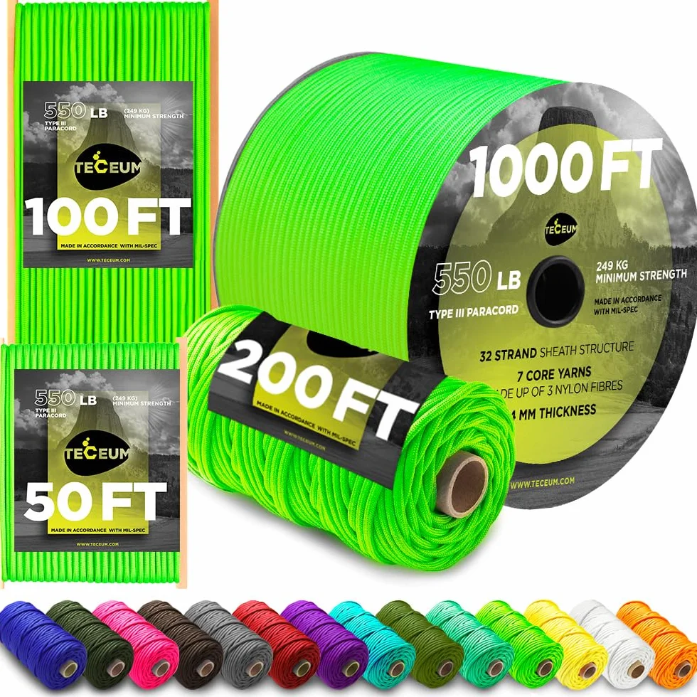TECEUM Paracord Tipo III 550 Verde Neon 30m 4mm Corda da Paracadute EDC Sopravvivenza