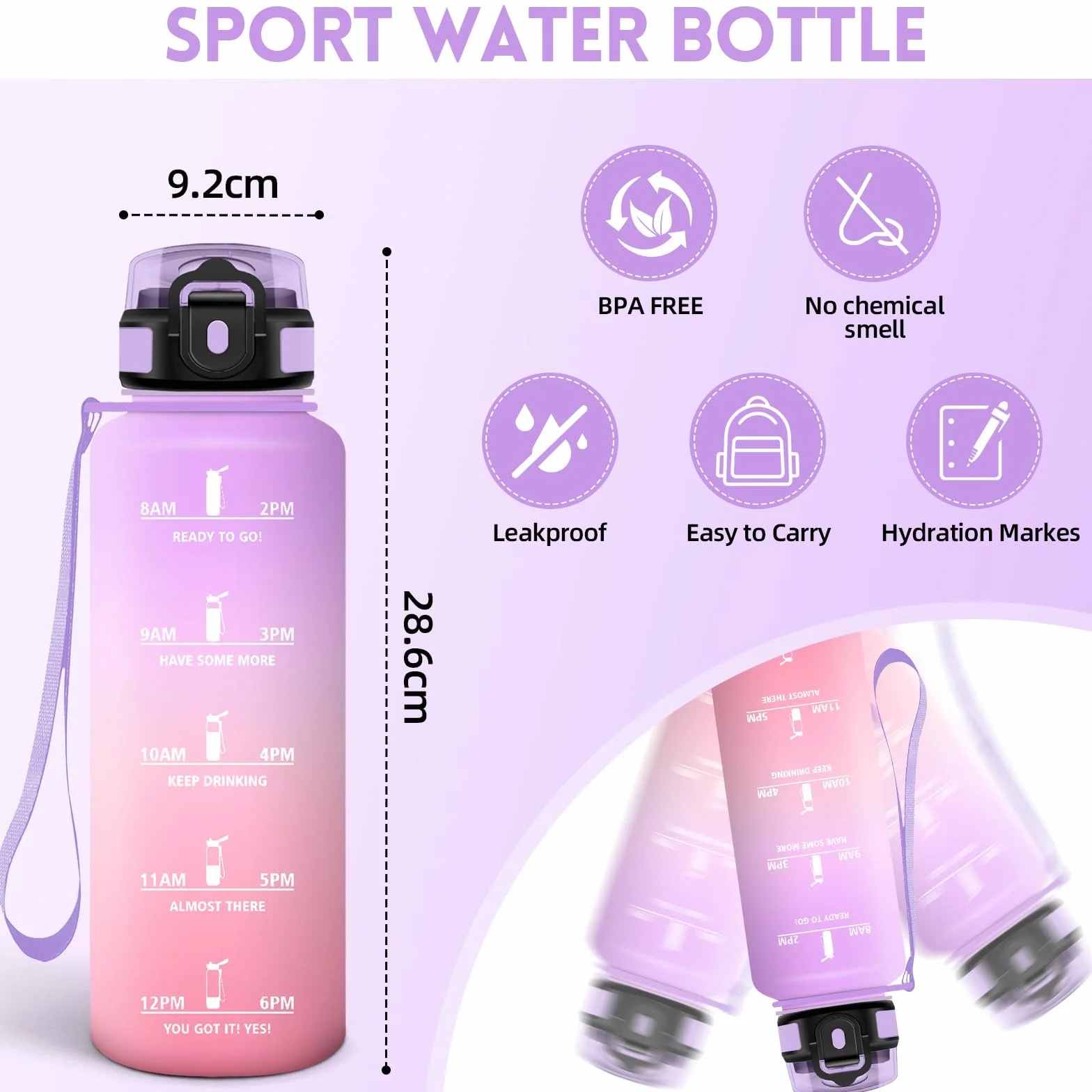 Motswedi Borraccia 1.5l a Prova di Perdite, Motivazionale Bottiglia Plastica Palestra - Lilla Delicato & Rosa Chiaro