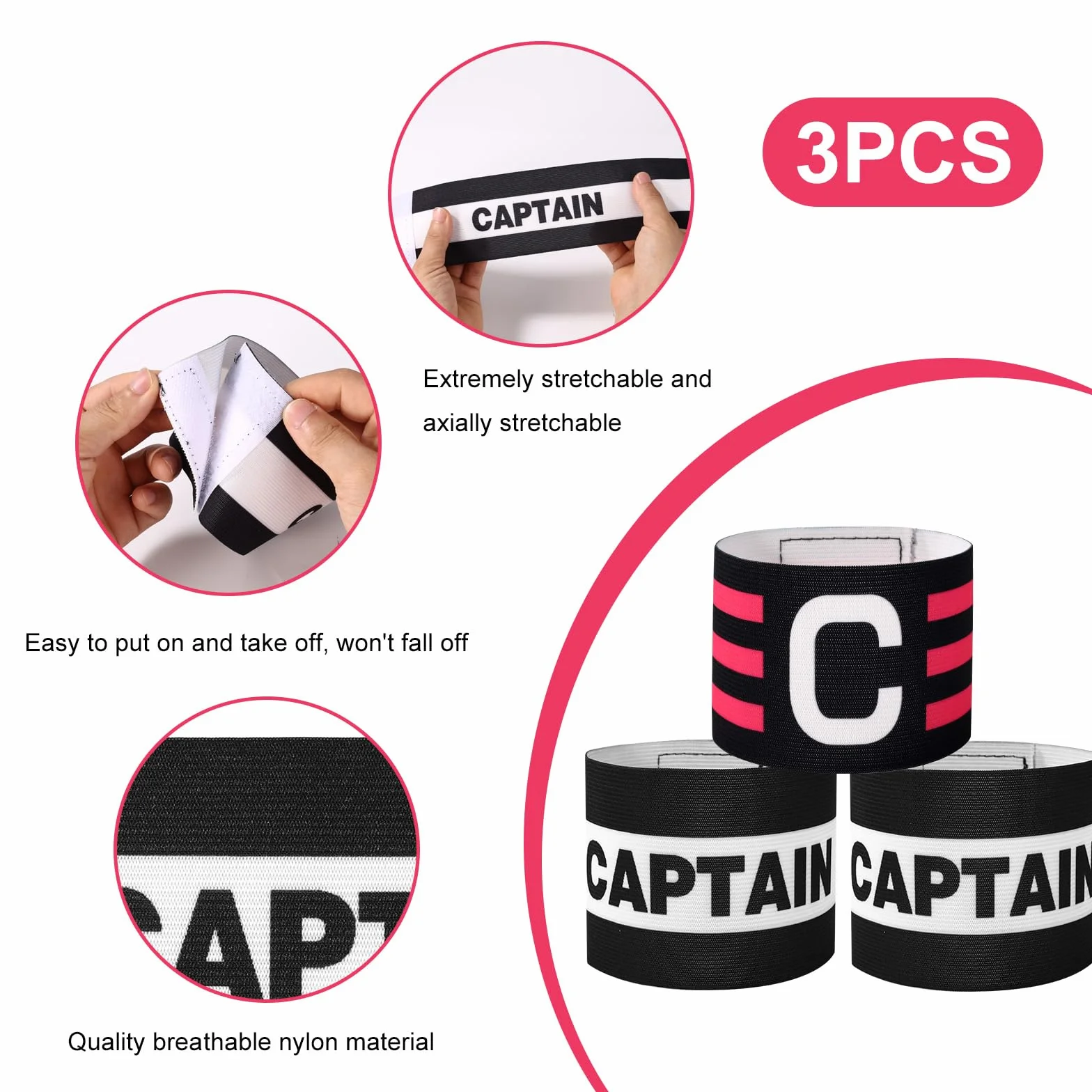 3pz Fasce Capitano Calcio, Bracciali Regolabili Traspiranti Fascia Capitano Sport Accessorio per Calcio Rugby Basket Giovani e Adulti