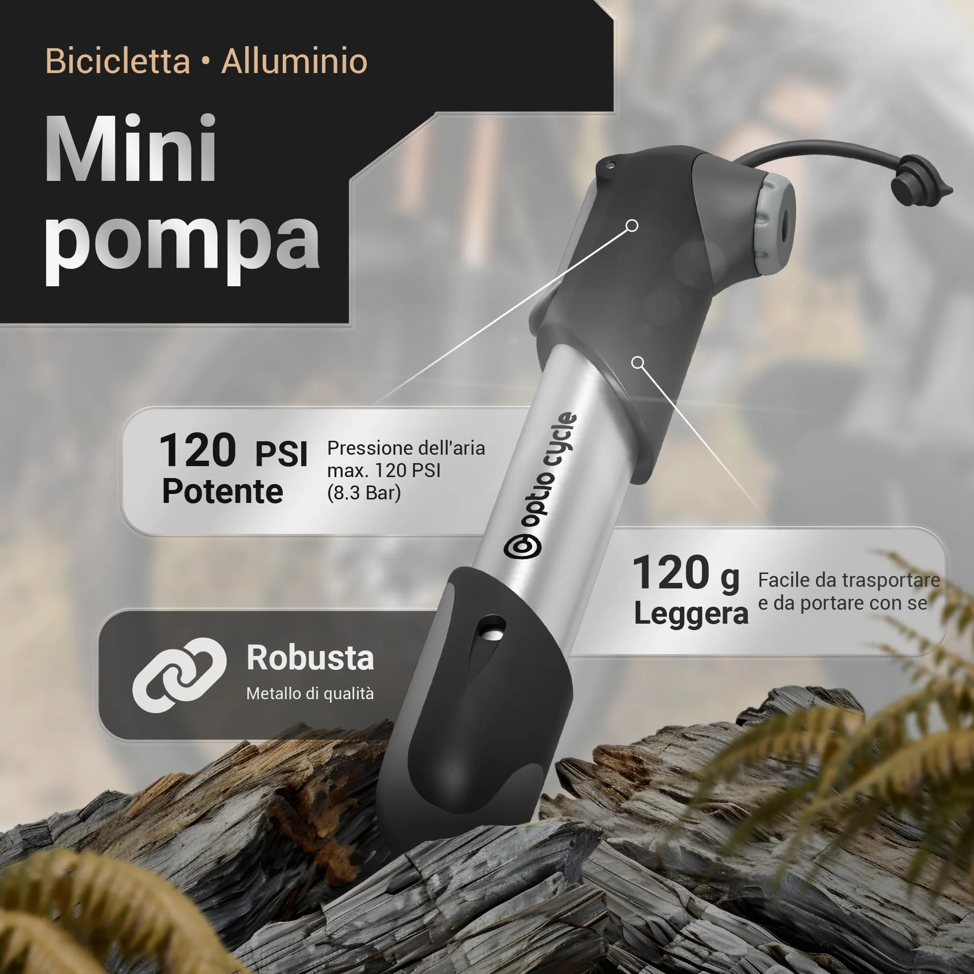 Pompa per Bicicletta 120 PSI Portatile Compatta a Mano per Valvola Presta e Schrader