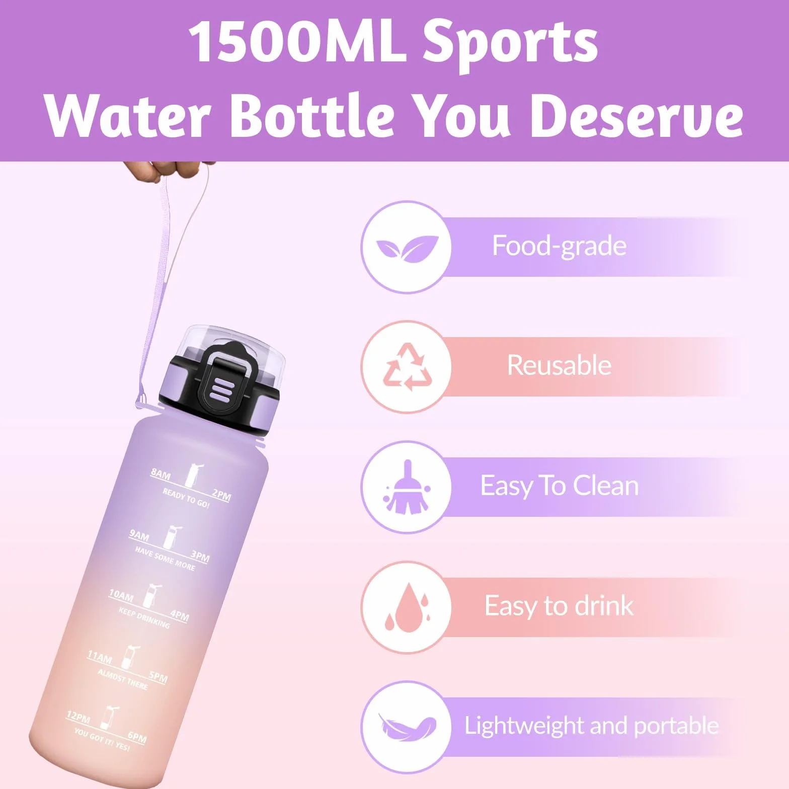 Borraccia 1500 ml Motivazionale Sportiva Lavanda chiara & Rosa chiaro