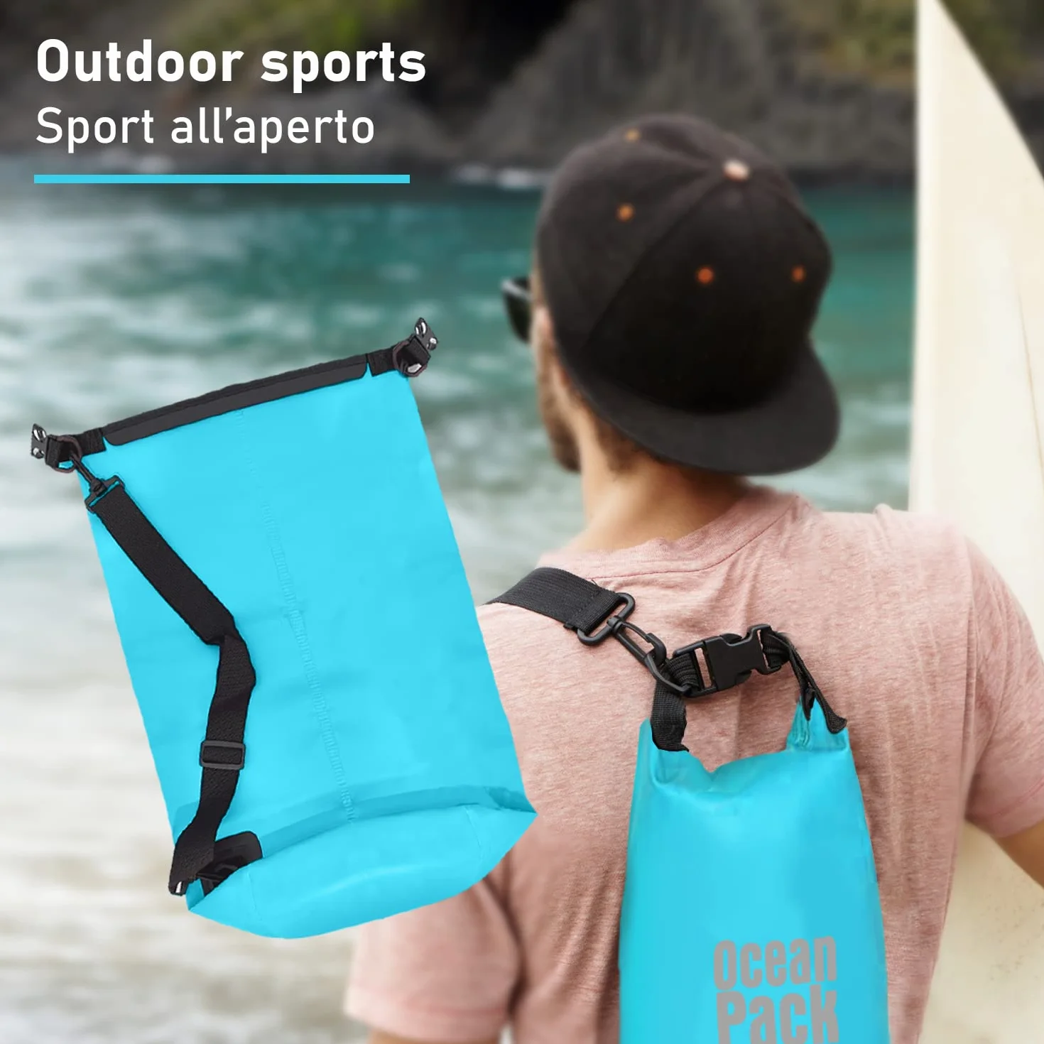 Dry Bag, Borsa Sacca Zaino Impermeabile Waterproof, chiusura a rotolo e tracolla, custodia impermeabile per cellulare e marsupio per Mare Barca Pesca Rafting Spiaggia Sport Acquatici (Light Blue, 5l)