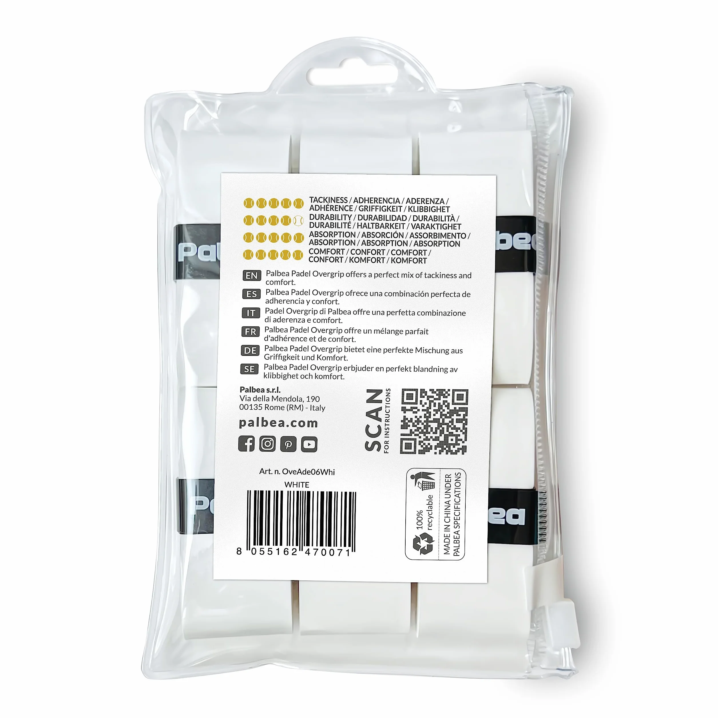 Palbea OverGrip Padel Bianco Extra Aderente Confezione da 3/6/12/22/60 Pezzi - Grip Padel Antiscivolo - Elevato Assorbimento del Sudore - Superficie Morbida