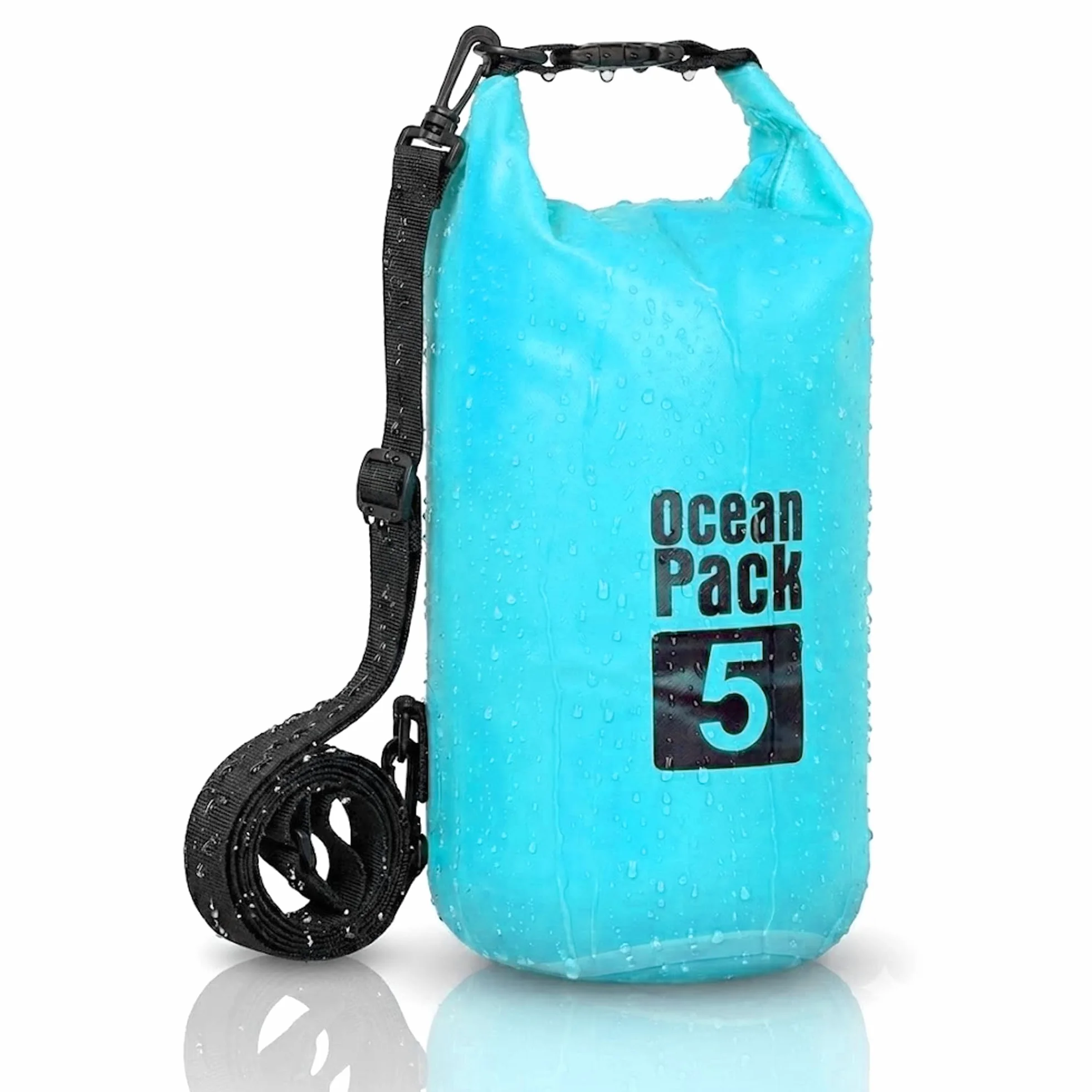 Dry Bag, Borsa Sacca Zaino Impermeabile Waterproof, chiusura a rotolo e tracolla, custodia impermeabile per cellulare e marsupio per Mare Barca Pesca Rafting Spiaggia Sport Acquatici (Light Blue, 5l)