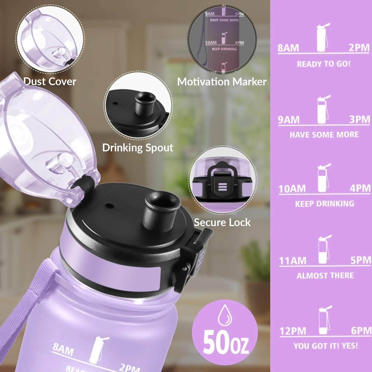 Borraccia 1500 ml Motivazionale Sportiva Lavanda chiara & Rosa chiaro