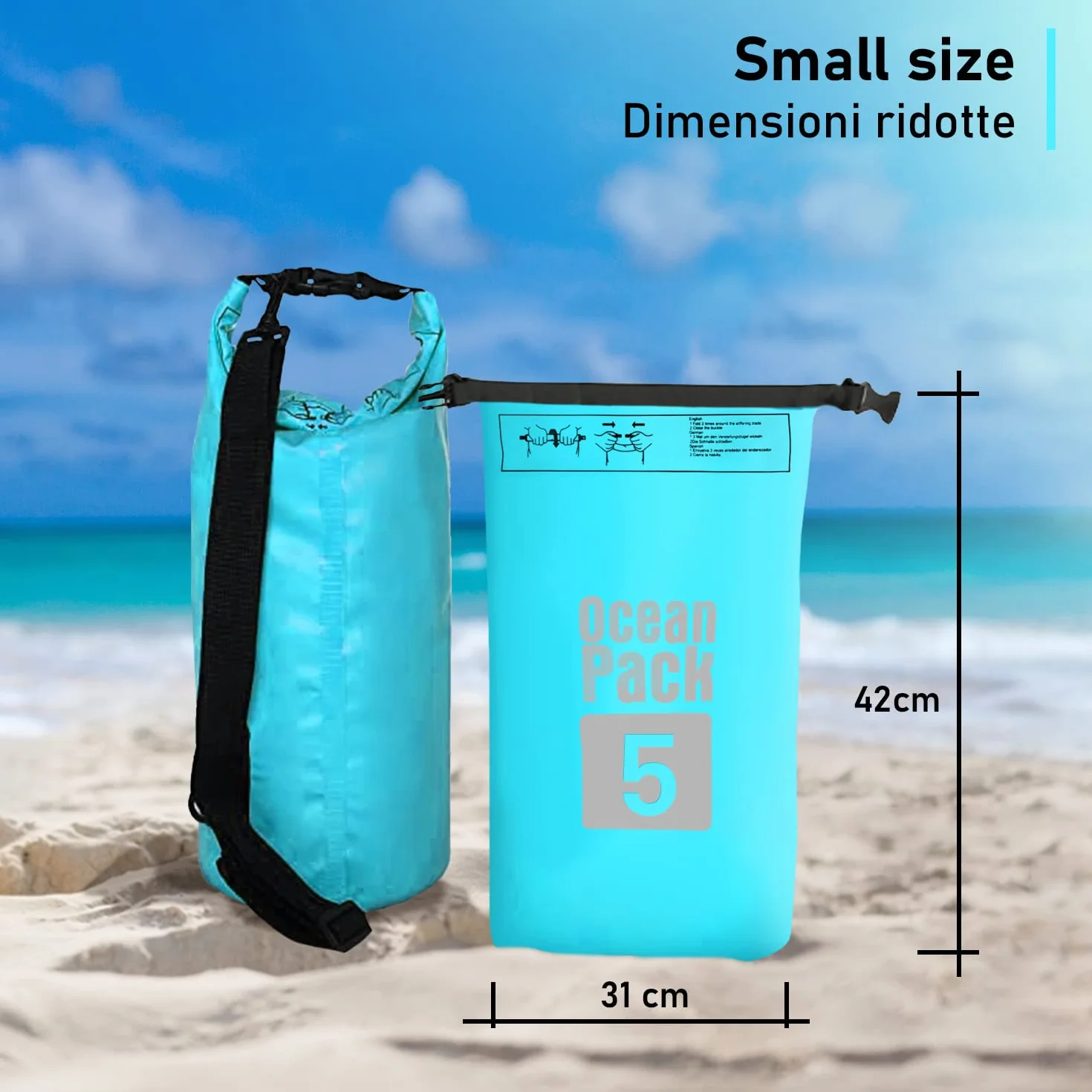 Dry Bag, Borsa Sacca Zaino Impermeabile Waterproof, chiusura a rotolo e tracolla, custodia impermeabile per cellulare e marsupio per Mare Barca Pesca Rafting Spiaggia Sport Acquatici (Light Blue, 5l)