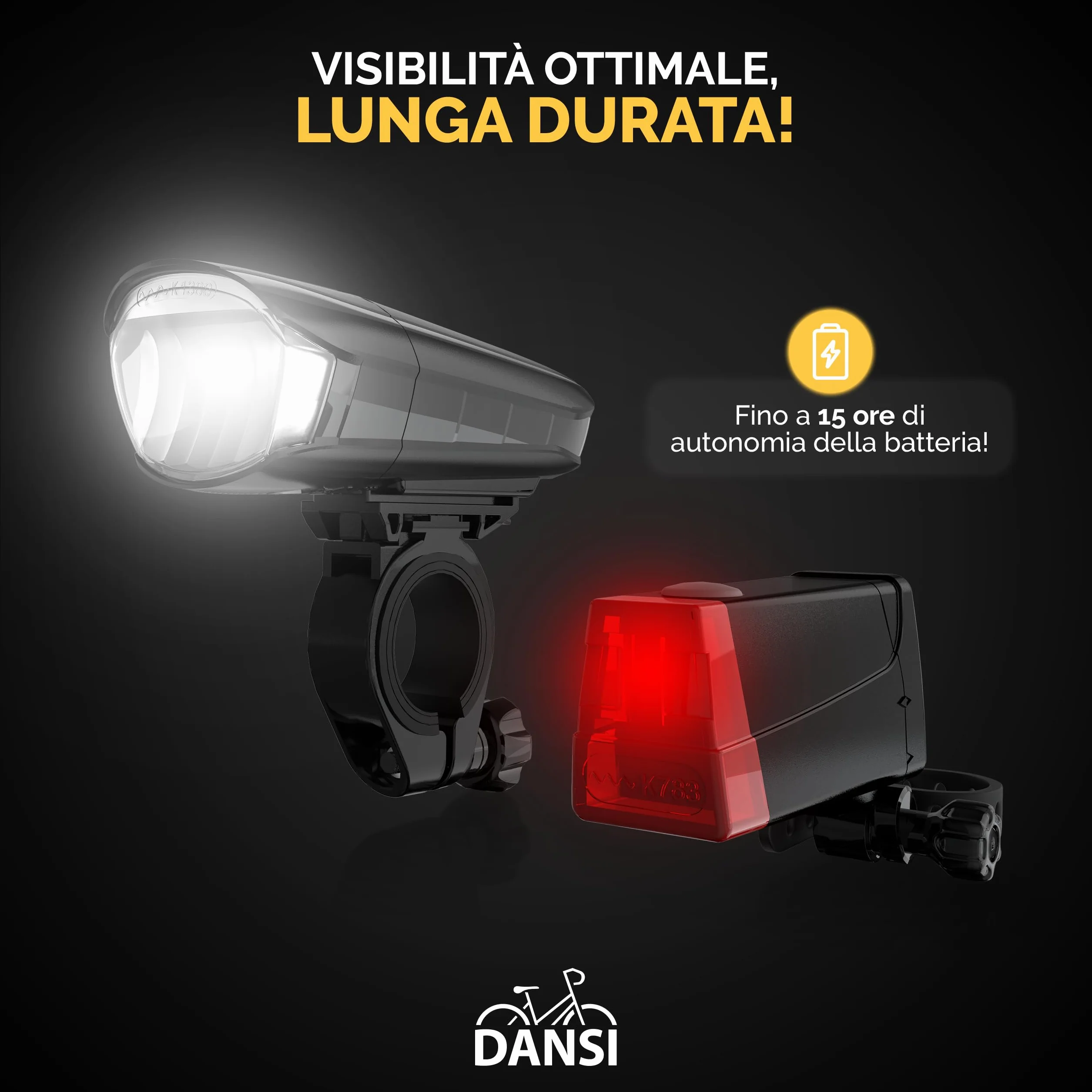 DANSI LED Light Set Illuminazione per biciclette omologata StVZO 60 30 15 Lux anteriore posteriore Regolazione automatica