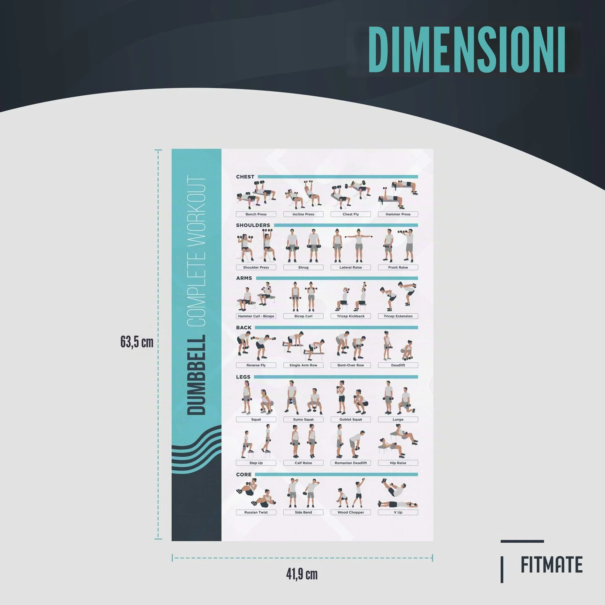 FitMate Poster per esercizi con manubri e pesi gratuiti 42 x 63 cm decorazione palestra casa