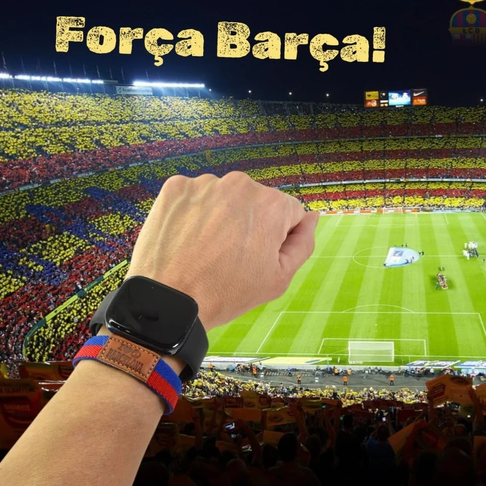 BDM Braccialetto e Portachiavi Barcellona Azulgrana Calcio| Tessuto Elastico con Toppa in Pelle I Love Barcelona | Taglie 16-18 cm e 18-20 cm | Pacco o Singolo
