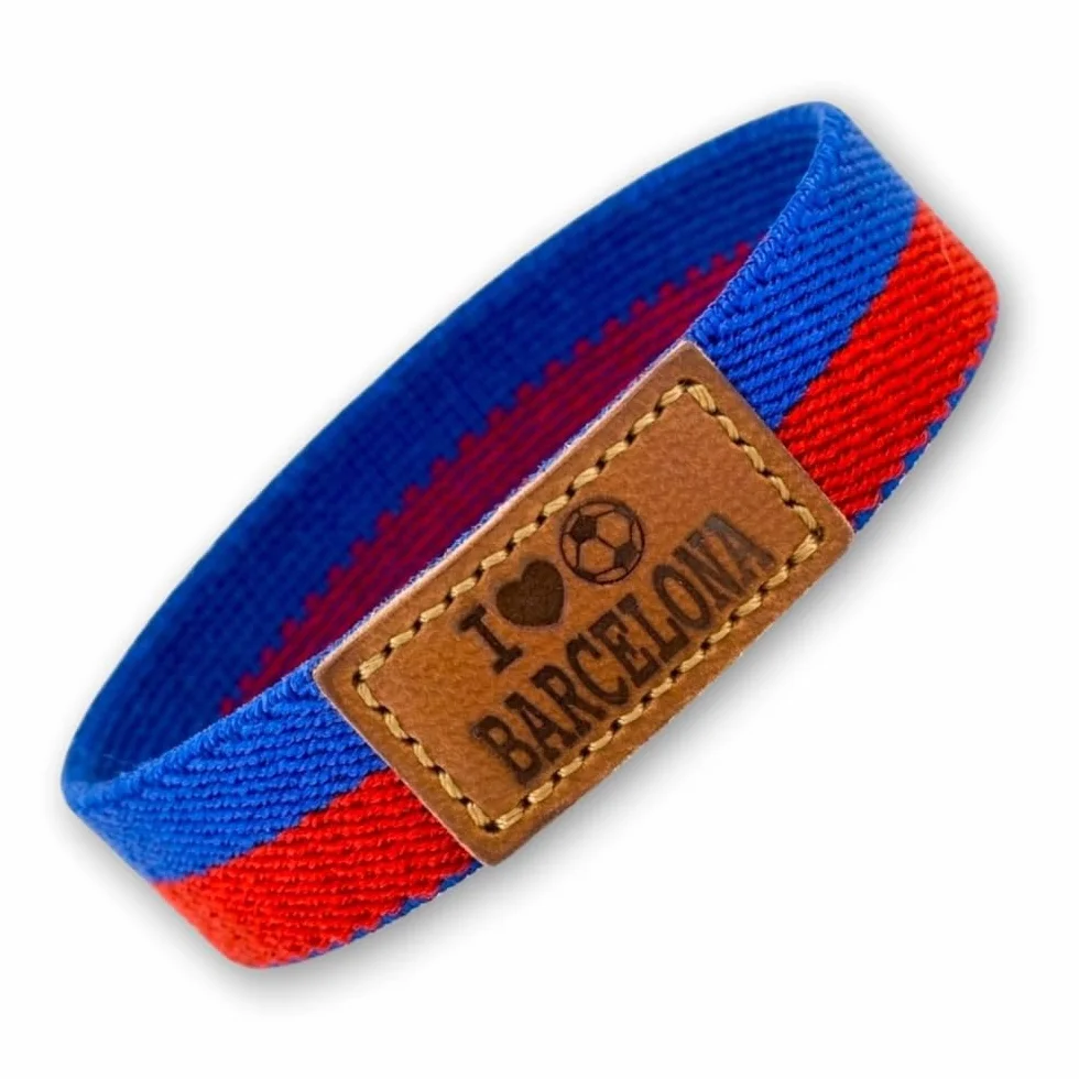 BDM Braccialetto e Portachiavi Barcellona Azulgrana Calcio| Tessuto Elastico con Toppa in Pelle I Love Barcelona | Taglie 16-18 cm e 18-20 cm | Pacco o Singolo