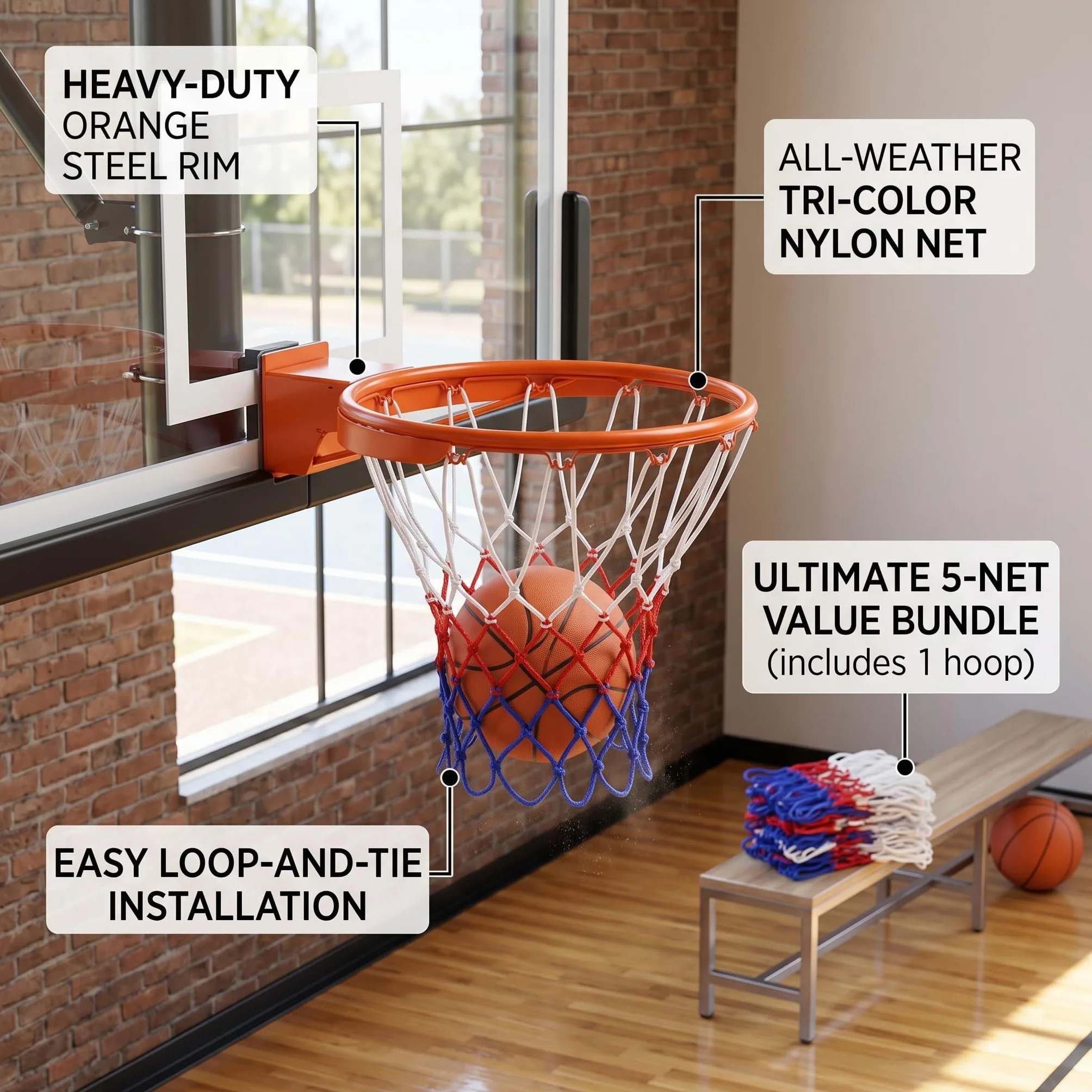 Rete Canestro Basket 4 Pezzi, Retina 52 cm, Ricambio Canestro Standard Blu Rosso Bianco
