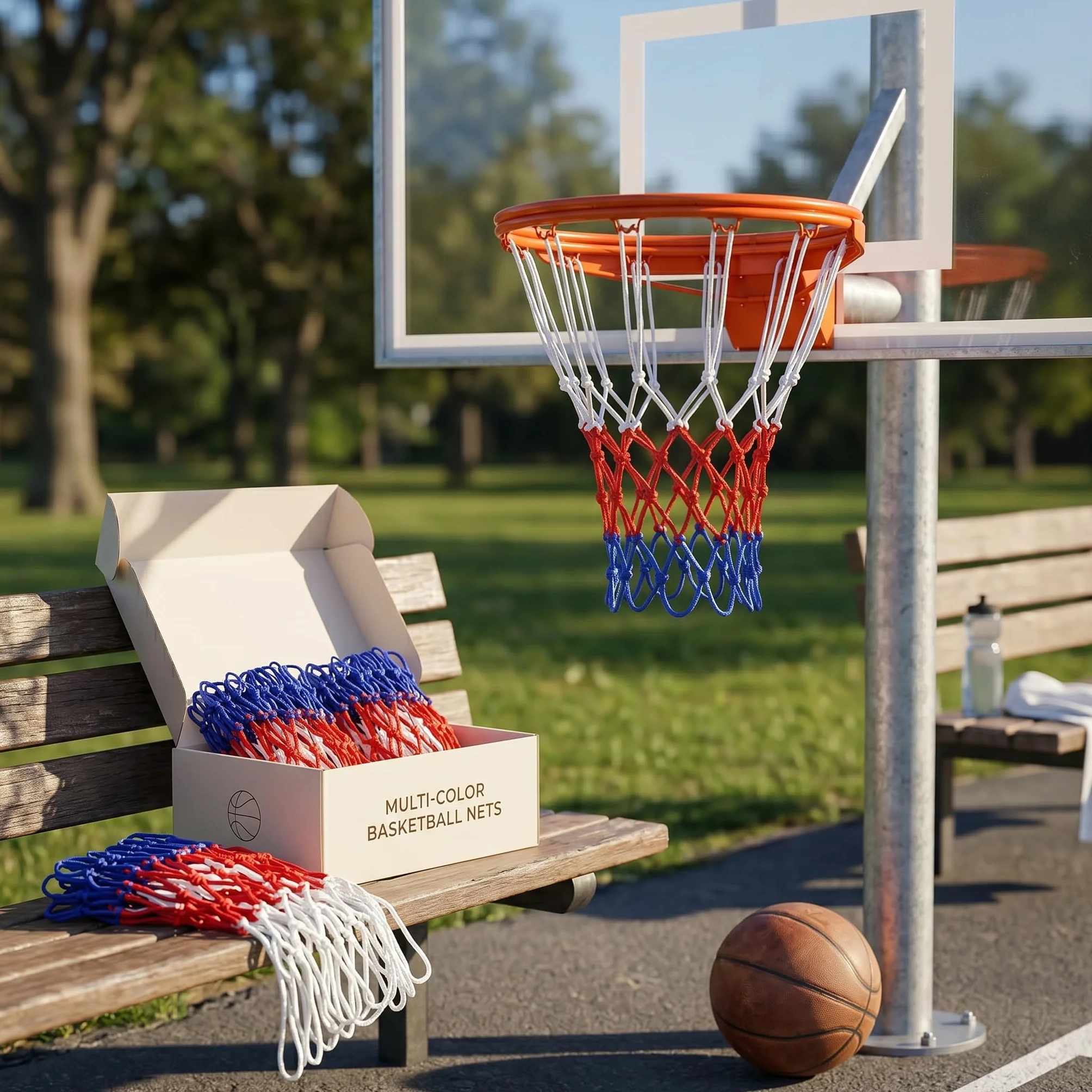 Rete Canestro Basket 4 Pezzi, Retina 52 cm, Ricambio Canestro Standard Blu Rosso Bianco
