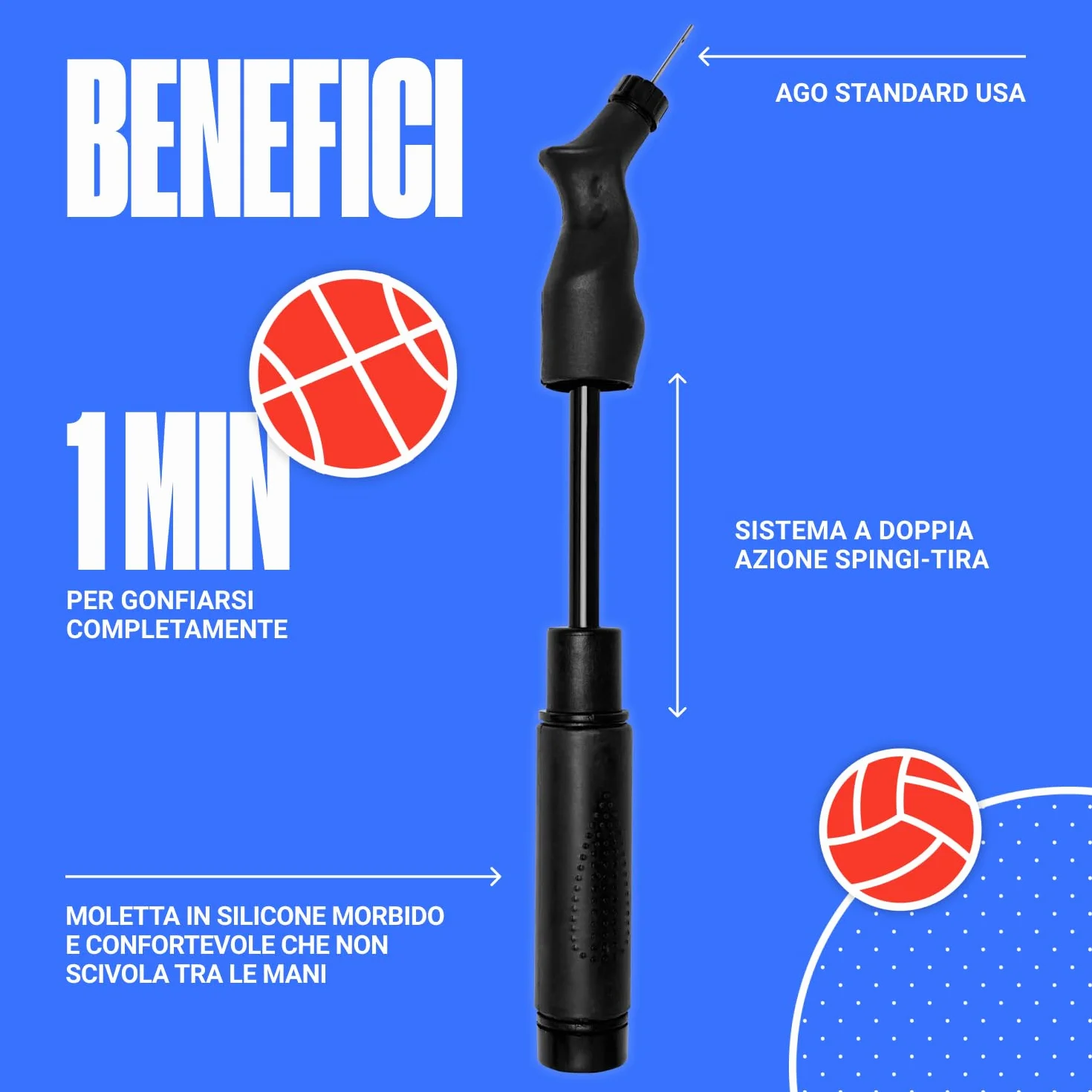 SPORTBIT Pompa per palloni con 5 aghi Push & Pull per pallavolo, pallacanestro, calcio