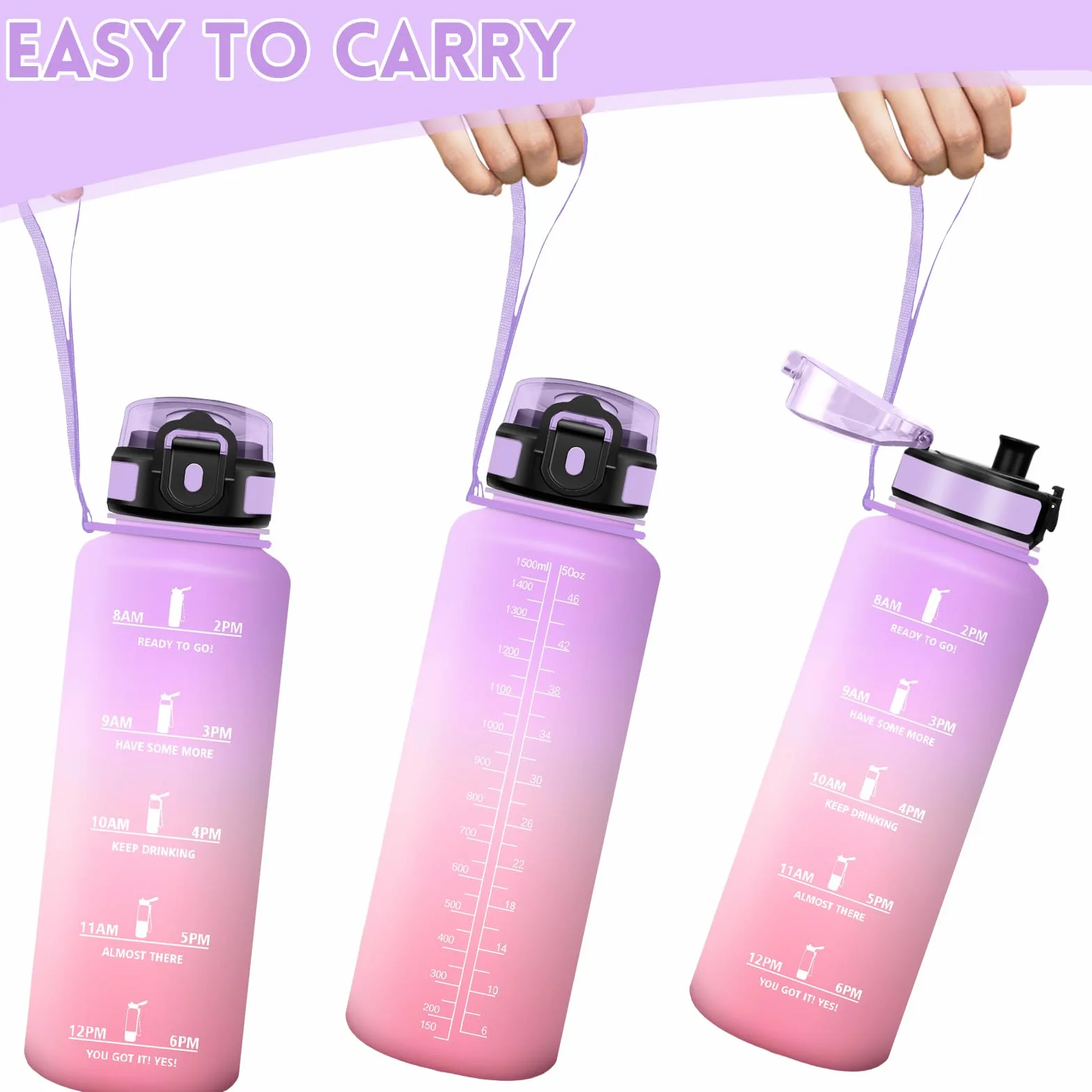 Motswedi Borraccia 1.5l a Prova di Perdite, Motivazionale Bottiglia Plastica Palestra - Lilla Delicato & Rosa Chiaro