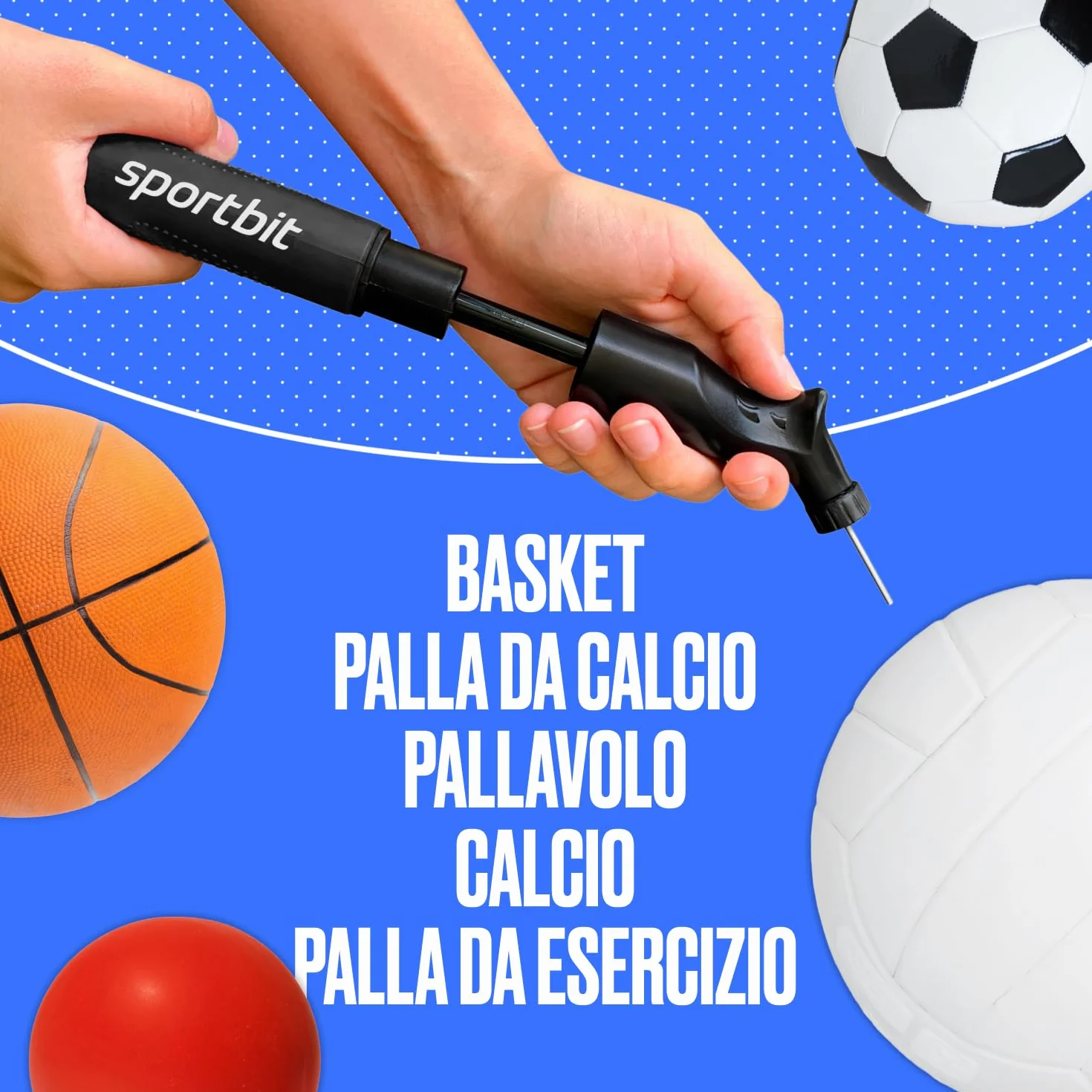 SPORTBIT Pompa per palloni con 5 aghi Push & Pull per pallavolo, pallacanestro, calcio